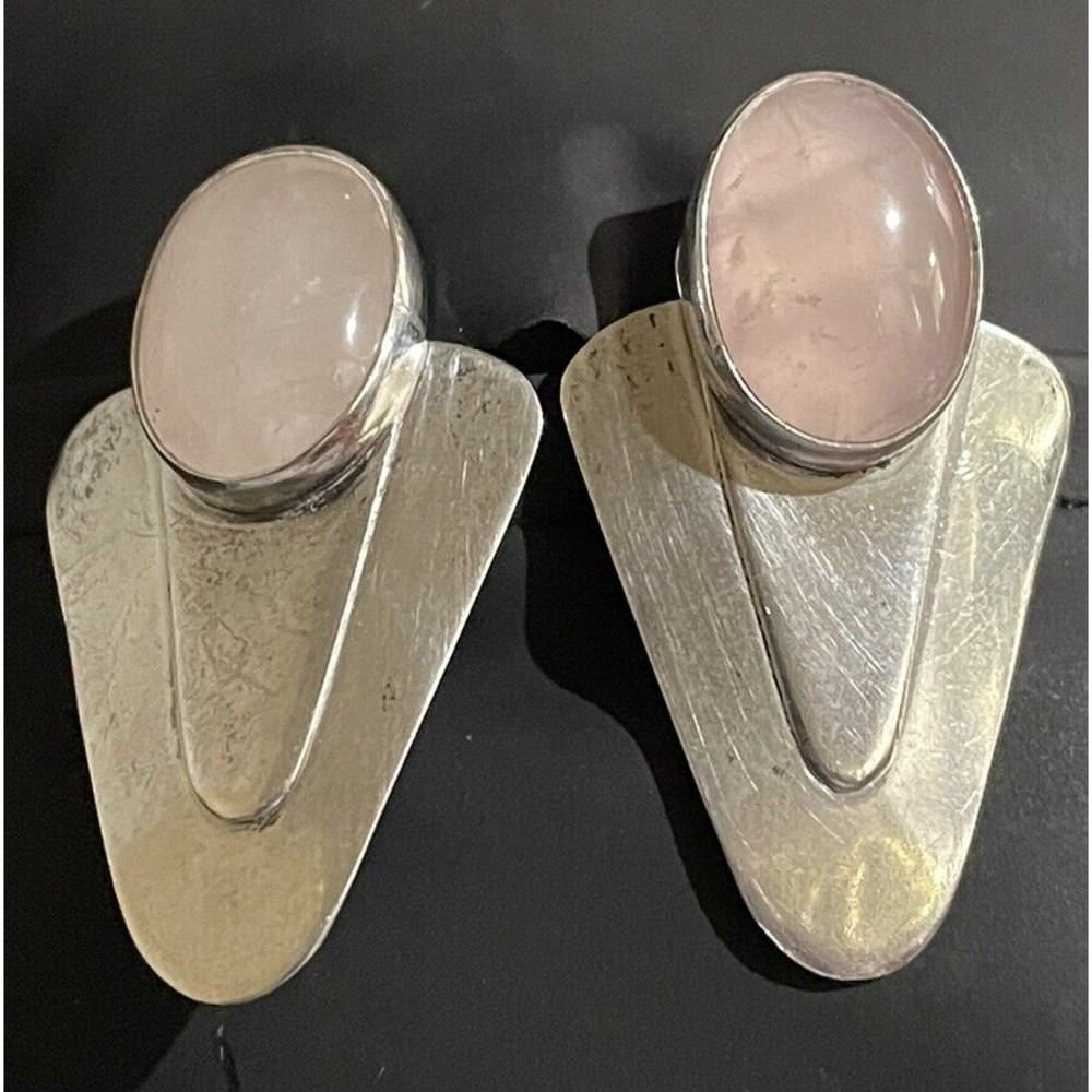 Vintage Jim Hayes Sterling Silver Rose Quartz Triangle Pierced Earrings